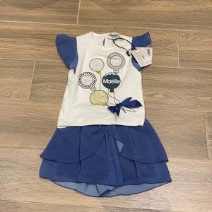 Maelie Baby Girl White Flutter Sleeves Tee Blue Ruffled Skort Outfit Size 18M